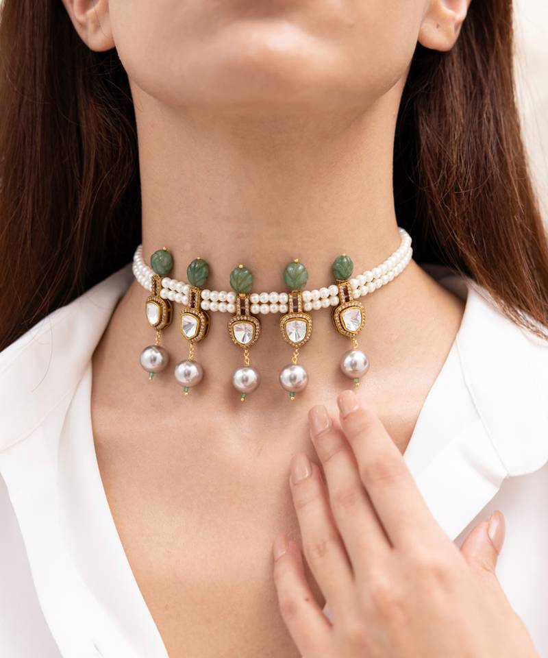 Gold plated green stone choker necklace