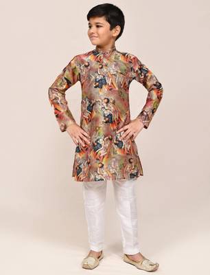 Kids boy dark beige silk blend straight kurta pant set 1
