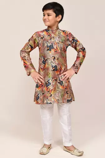 Kids boy dark beige silk straight kurta pant set