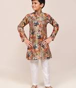Kids boy dark beige silk straight kurta pant set