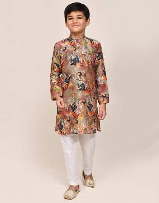 Kids boy dark beige silk blend straight kurta pant set 2