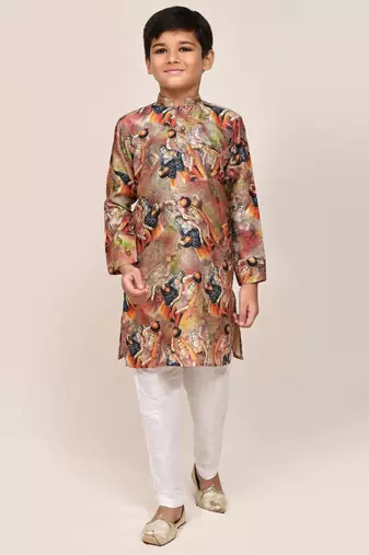 Kids boy dark beige silk blend straight kurta pant set