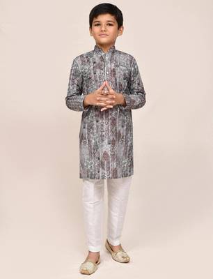 Kids boy multicolour cotton silk blend straight kurta pant set 1