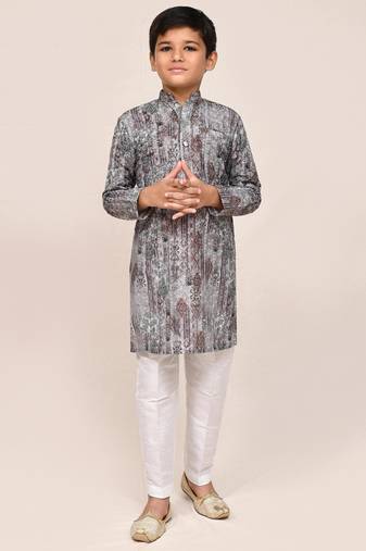 Kids boy multicolour cotton silk  straight kurta pant set