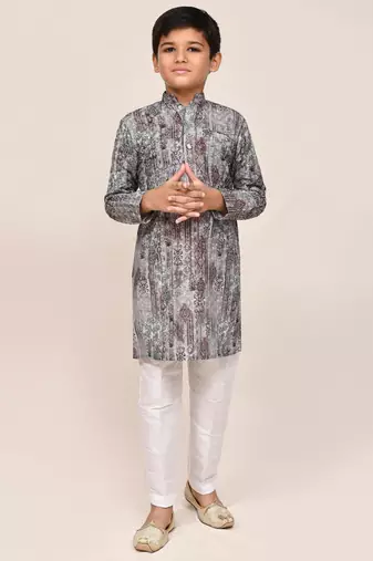 Kids boy multicolour cotton silk  straight kurta pant set