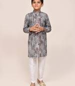 Kids boy multicolour cotton silk  straight kurta pant set