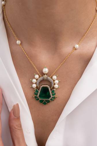 Gold plated green stone necklace