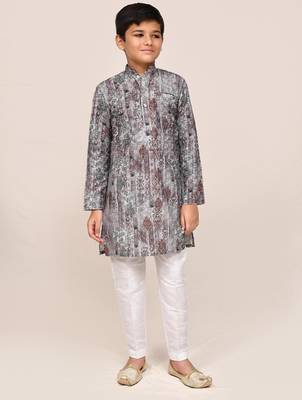 Kids boy multicolour cotton silk blend straight kurta pant set 2