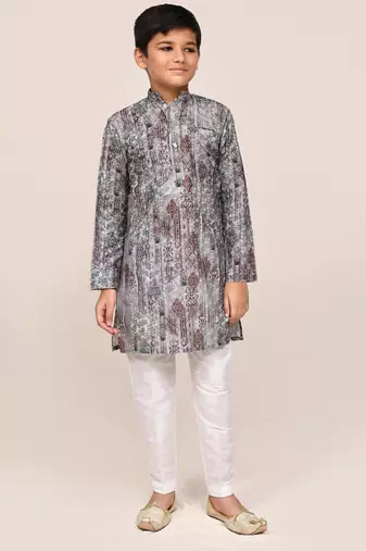 Kids boy multicolour cotton silk blend straight kurta pant set