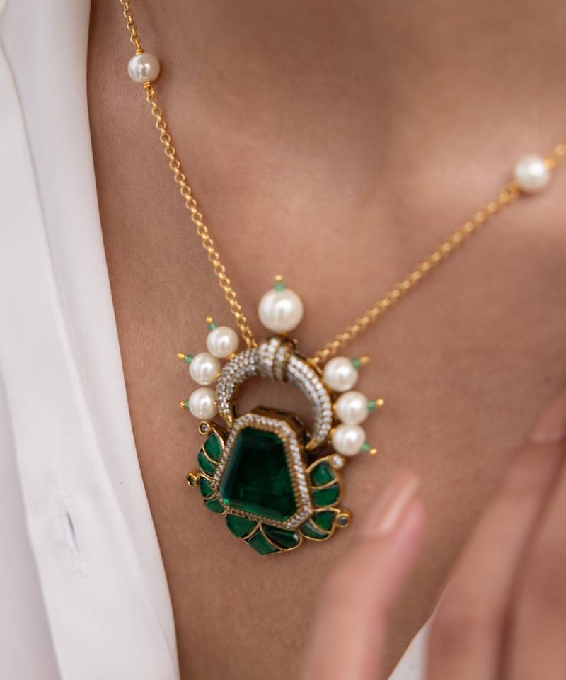 Gold plated green stone necklace