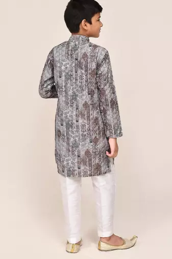 Kids boy multicolour cotton silk blend straight kurta pant set