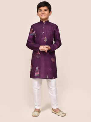 Kids boy purple art silk straight kurta pant set 1