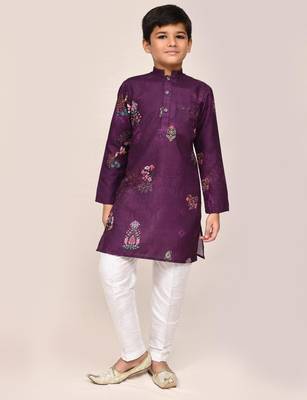 Kids boy purple art silk straight kurta pant set 2