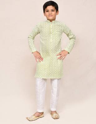 Kids boy pastel green cotton straight kurta pant set 1