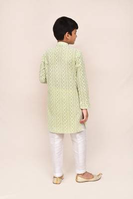 Kids boy pastel green cotton straight kurta pant set 2
