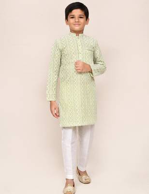 Kids boy pastel green cotton straight kurta pant set 3