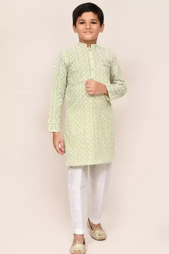 Kids boy pastel green cotton straight kurta pant set