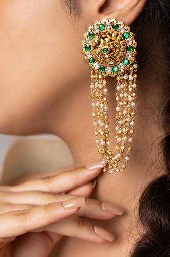 Gold plated kundan green stone earrings