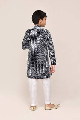 Kids boy navy blue cotton straight kurta pant set 1