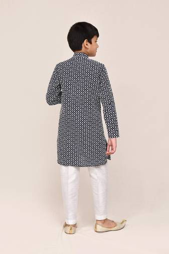 Kids boy navy blue cotton straight kurta pant set