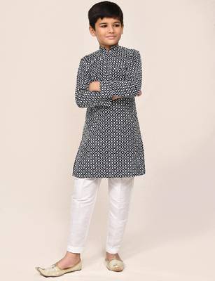 Kids boy navy blue cotton straight kurta pant set 2