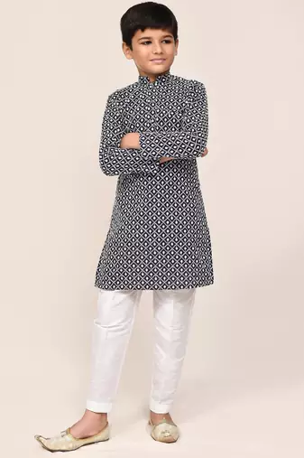 Kids boy navy blue cotton straight kurta pant set