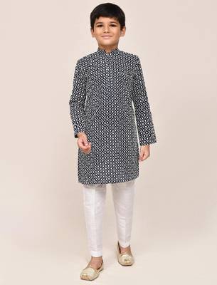 Kids boy navy blue cotton straight kurta pant set 3