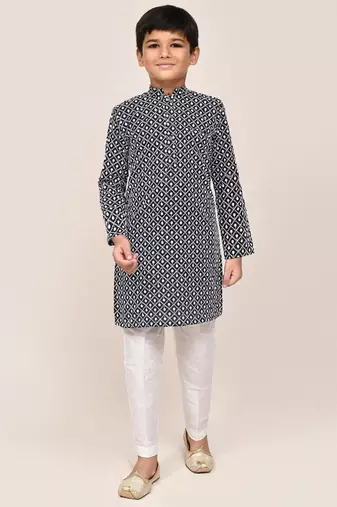 Kids boy navy blue cotton straight kurta pant set