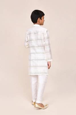 Kids boy off white jacquard silk blend straight kurta pant set 2