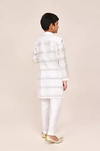 Kids boy off white jacquard silk blend straight kurta pant set