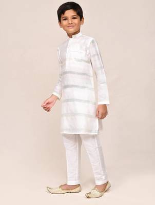 Kids boy off white jacquard silk blend straight kurta pant set 3