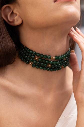 Gold plated green stone kundan choker necklace