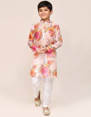 Kids boy peach georgette straight kurta pant set 1