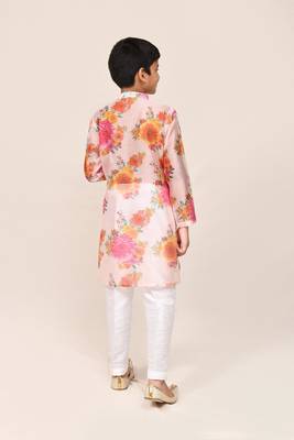 Kids boy peach georgette straight kurta pant set 3