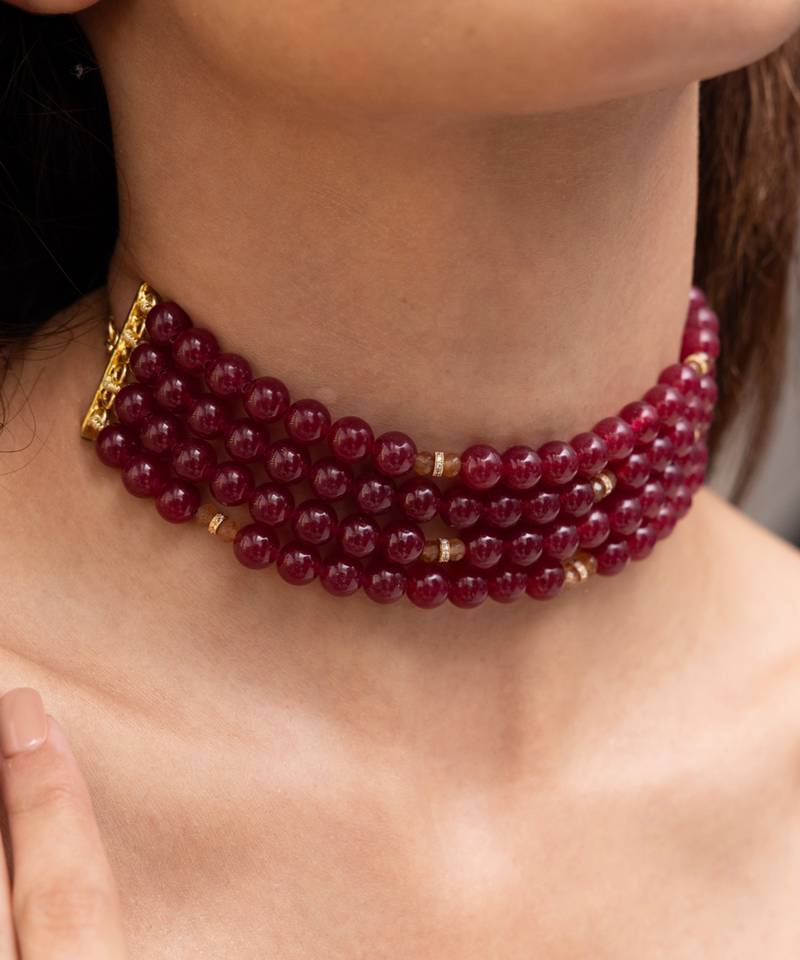 Gold plated red stone choker necklace