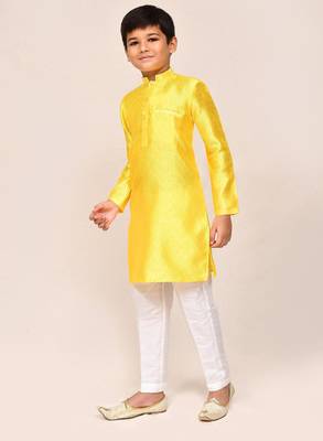 Kids boy yellow cotton silk blend straight kurta pant set 2