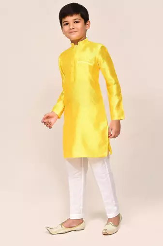 Kids boy yellow cotton silk blend straight kurta pant set