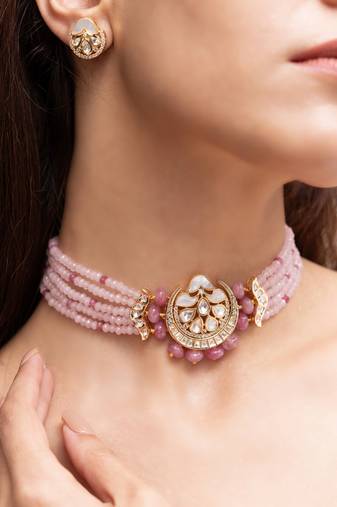 Rose gold plated kundan choker necklace set