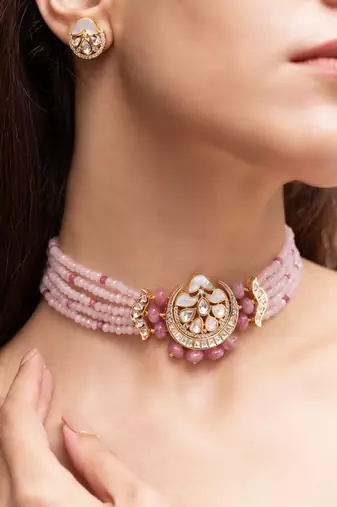 Rose gold plated kundan choker necklace set