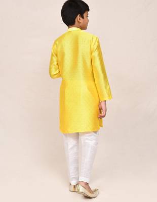 Kids boy yellow cotton silk blend straight kurta pant set 3