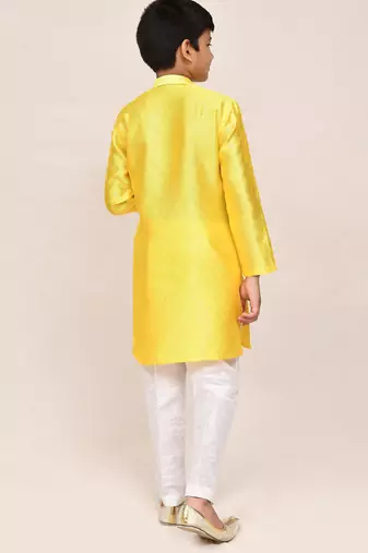 Kids boy yellow cotton silk blend straight kurta pant set