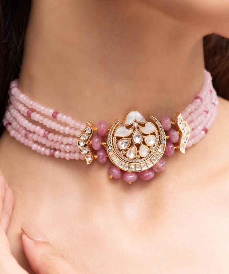 Rose gold plated kundan choker necklace set