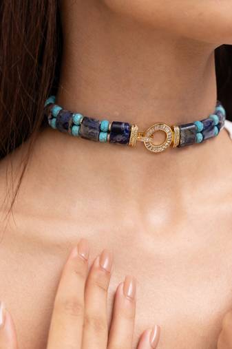 Gold plated blue stone kundan choker necklace