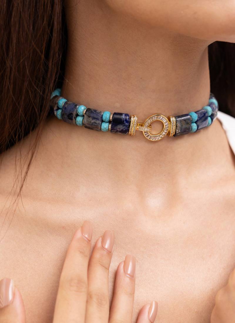 Gold plated blue stone kundan choker necklace