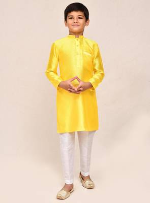 Kids boy yellow cotton silk blend straight kurta pant set 1