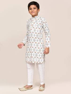 Kids boy white cotton straight kurta pant set 2