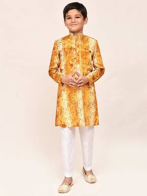 Kids boy musturd silk blend straight kurta pant set 1