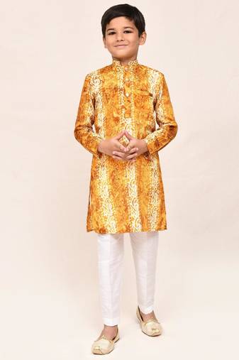 Kids boy musturd silk straight kurta pant set
