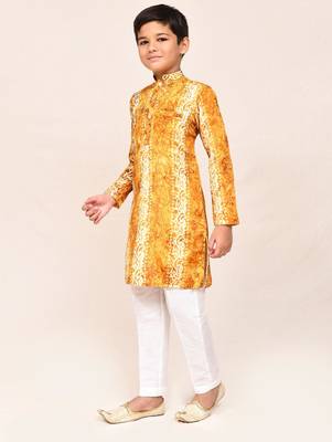 Kids boy musturd silk blend straight kurta pant set 2