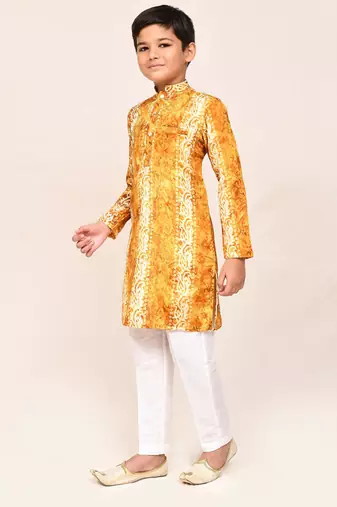 Kids boy musturd silk blend straight kurta pant set